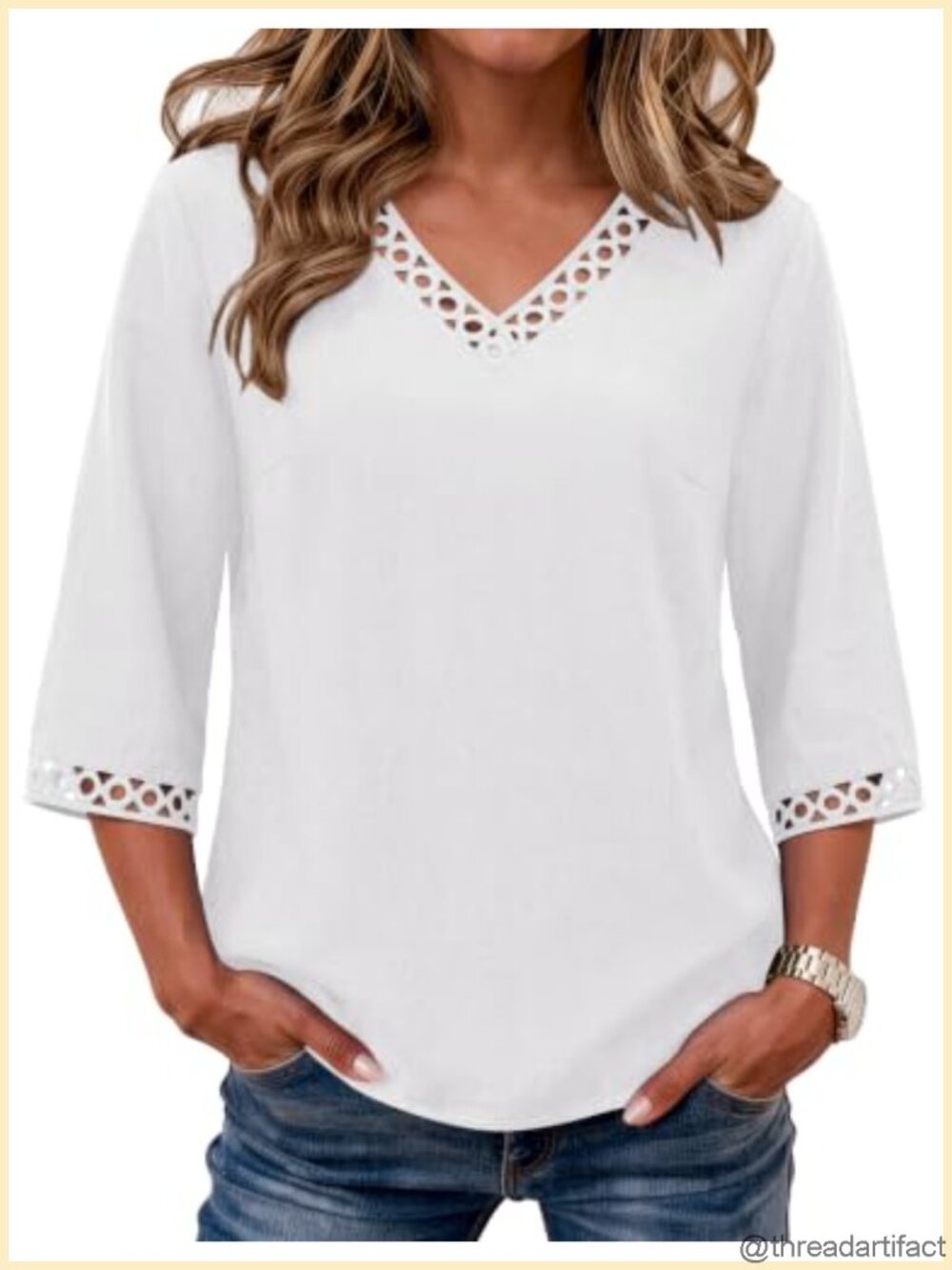 Cotton Linen Blouse 3/4 Sleeve V-Neck Eyelet Lace Women's Top